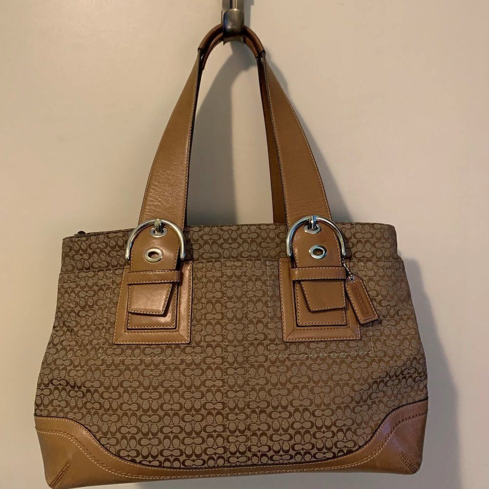 Coach handbag, purse, tote, EUC, classic fabric, leather trim, horse har…